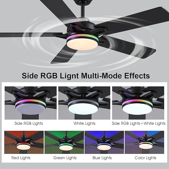 52 Inch Ceiling Fans with Lights and Remote/APP Control, Modern Ceiling Fan with RGB Lights for Bedroom Living Room Patio Porch Outdoor, Reversible Quiet Motor, 5 Wood Blades, Black