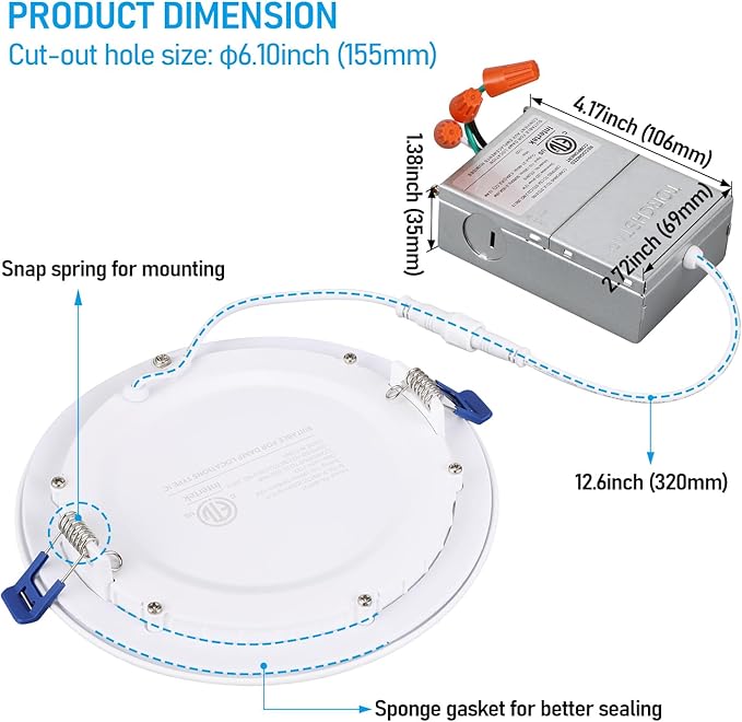 TORCHSTAR 12-Pack 6 Inch Ultra-Thin LED Recessed Lighting with J-Box, CRI90, 3000K Warm White, 12W Dimmable 1100lm Brightness LED Downlight, ETL & Energy Star Listed