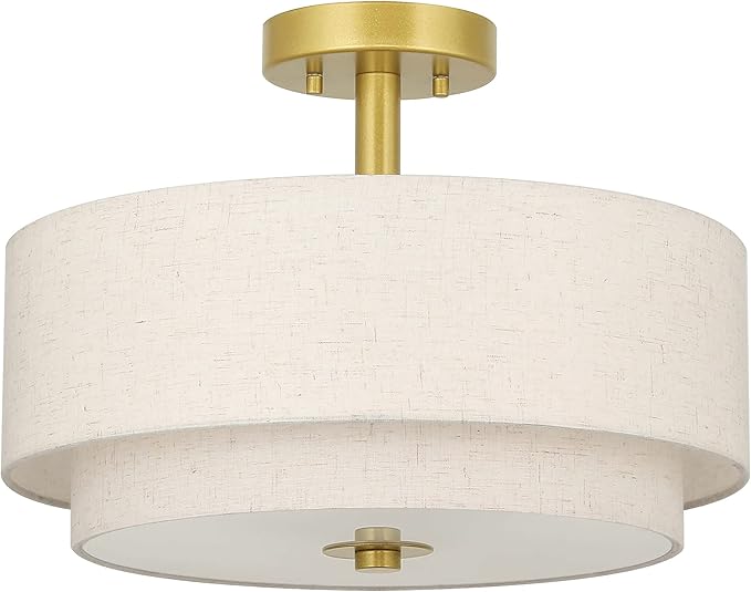 XiNBEi Lighting 3 Light Semi Flush Mount Light, Close to Ceiling Light Fixture with Fabric Shade Retro Gold Brass 16 inch Semi Flush Drum Light for Bedroom & Living Room XB-SF1289-GB - Aura Lighting