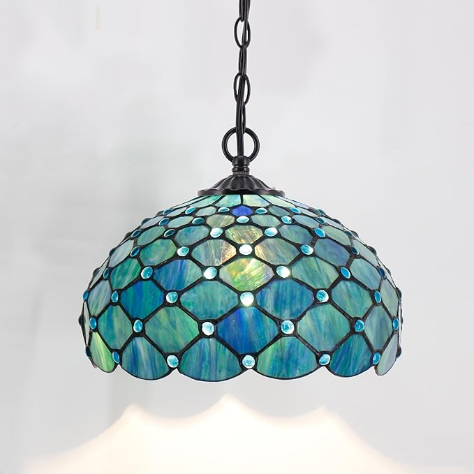 Tiffany Lamp Shade Replacement 12X6 Inch Stained Glass Lampshade Only 1-5/8-Inch Fitter Opening for Arched Floor Lamp, Torchiere Lamp, Pendant Light (Blue)