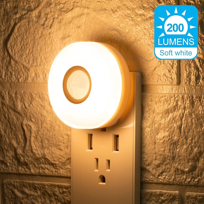 YELKO Night Lights Plug Into Wall,200Lumen Super Bright Plug in Motion Sensor Light Indoor,Smart Plugin Motion Activated Nightlights for Bathroom, Hallway(Warm White 2Pack)
