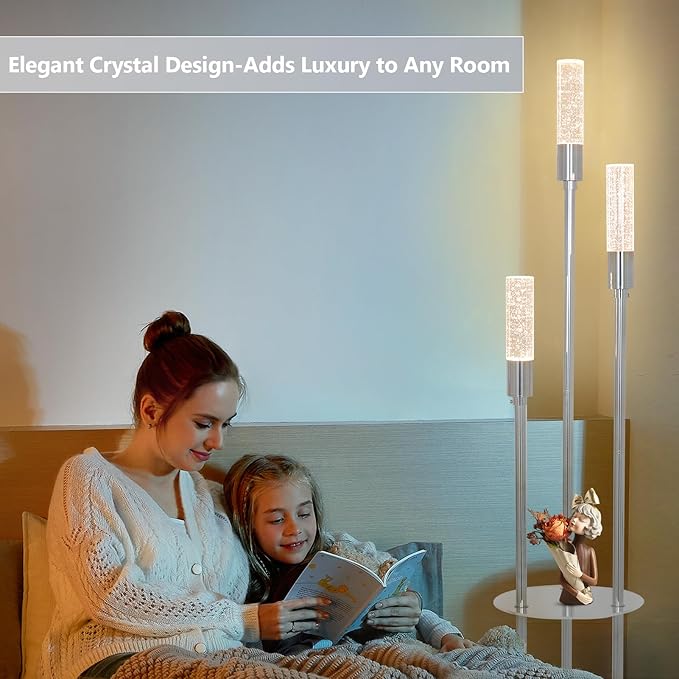 Bubble Crystal Floor Lamp with Shelves, 3 Lights Modern Standing Lamps for Living Room, Built-in LED Lights, Foot Switch, Industrial Tall Corner Floor Lamp for Bedroom Home Office, Silver