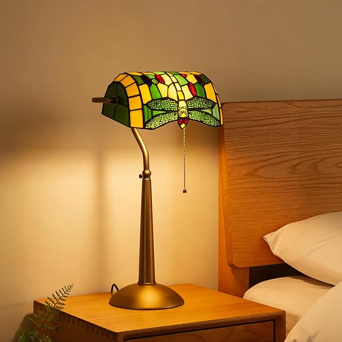 Tiffany Style Dragonfly Bankers Lamp - 18.1" Tall Stained Glass Desk Light with Adjustable Angle & Pull Chain, Vintage Handcrafted Accent Décor for Home Office Bedroom（Green）