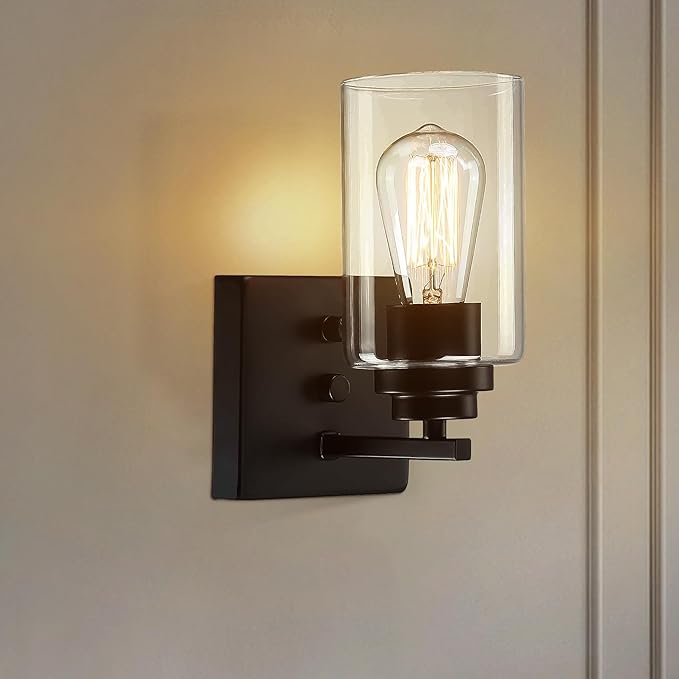 Pia Ricco Wall Sconces Set of Two, Bedside Wall Lamps with Rotary Switch for Bedroom, Modern Bathroom Light Fixtures with Clear Glass Shade, Black Sconces Wall Lights for Living Room, Hallway, Kitchen - Aura Lighting