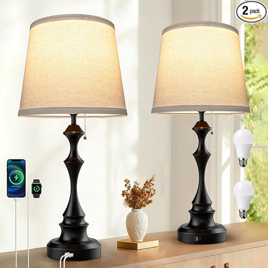 22'' Table Lamp for Living Room Set of 2: Farmhouse Table Lamp for Night Stands, 3-Way Dimmable Rustic Lamp with USB C+A Charging Ports, Side Table Lamp with Linen Fabric Shade, LED Bulbs Included