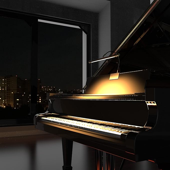 Cocoweb 19" Grand Piano Lamp - Adjustable, Black with Brass Accents, LED Clip-on with Dimmer - GPLED19D - Aura Lighting