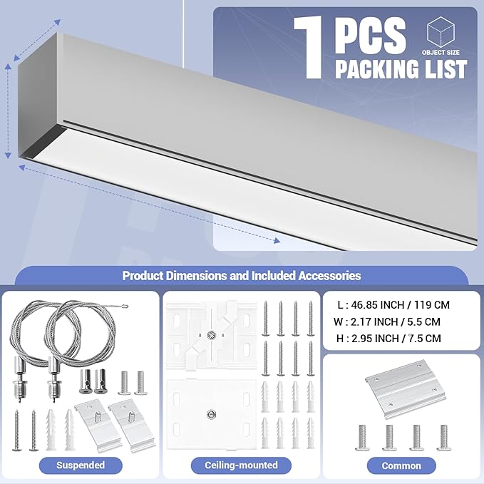 Silver 4FT 1Pack LED Linear Lights 50/45/40/35/30W Up and Down Light, 3000K/4000K/5000K 4 Feet Commercial Linkable Shop Lighting for Office Garage Shop Dining Room bar,0-10V Dimmable