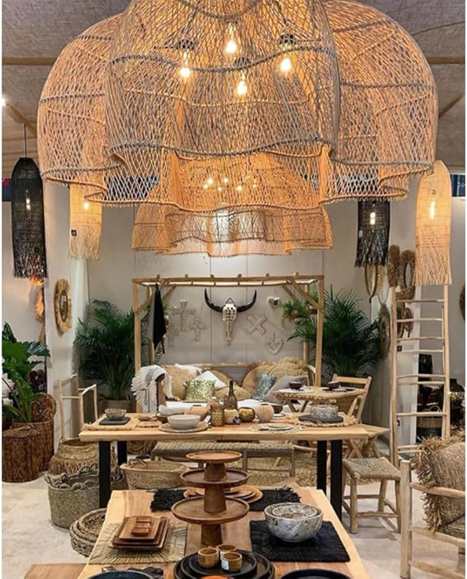 Vintage Tropical Restaurant Ceiling Mount Chandelier Southeast Asian Hotel Hall Pendant Light Shade Handmade Rattan Wabi-sabi Style Semi Flush Mount Ceiling Light Fixture with Metal Chain