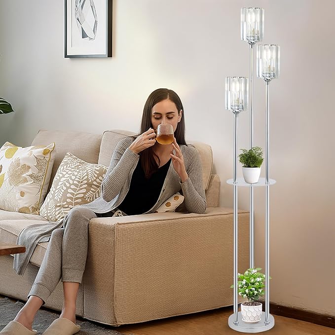 HMVPL Crystal Floor Lamps for Living Room, Modern Floor Lamp with Shelves, 3-Lights Standing Lamp with Crystal Shade, On/Off Foot Switch, Silver Corner Floor Lamp for Bedroom Living Room Office(66") - Aura Lighting