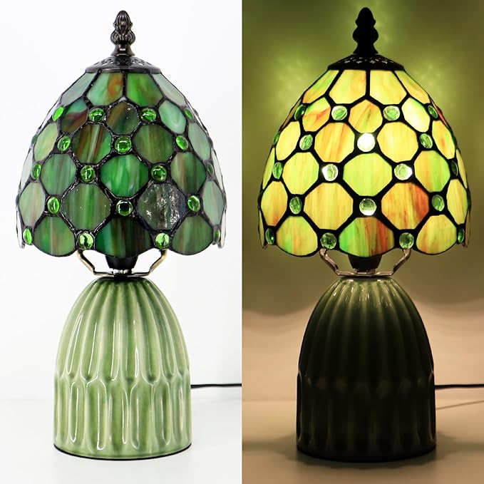 Tiffany Lamp Stained Glass Mushroom Table Lamps 6X6X12.5 Inch Brownish Green Pearl Style Small Night Light Ceramic Base Mini Accent Desk Light Suitable for Bedside Table Bedroom Children Room