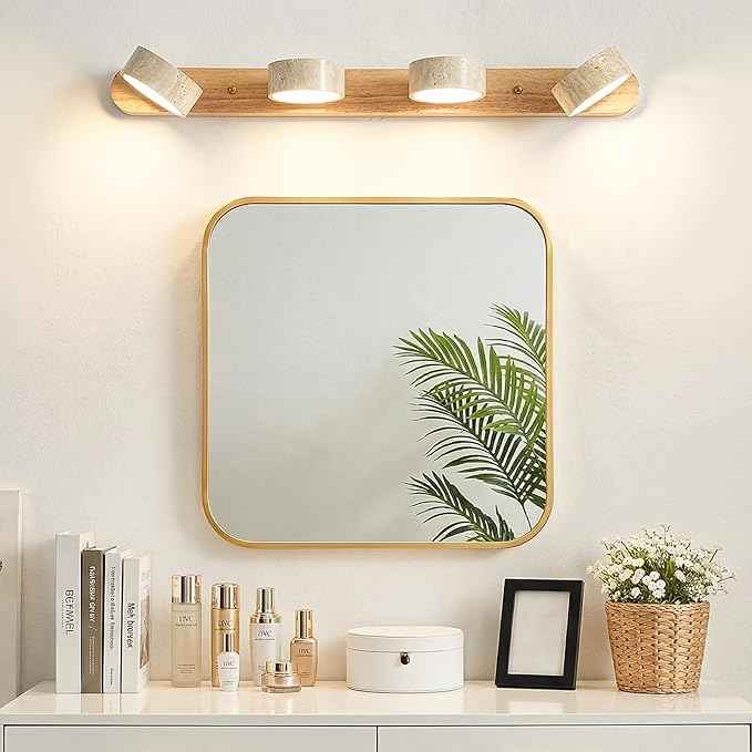 Travertine Vanity Light, 300° Swivel Japandi Ash Wood LED Wall Sconce, Natural Stone Mirror Lighting Fixtures, 27.6" 4-Light Modern Rustic Wall Lamp for Bathroom & Bedroom (110V)