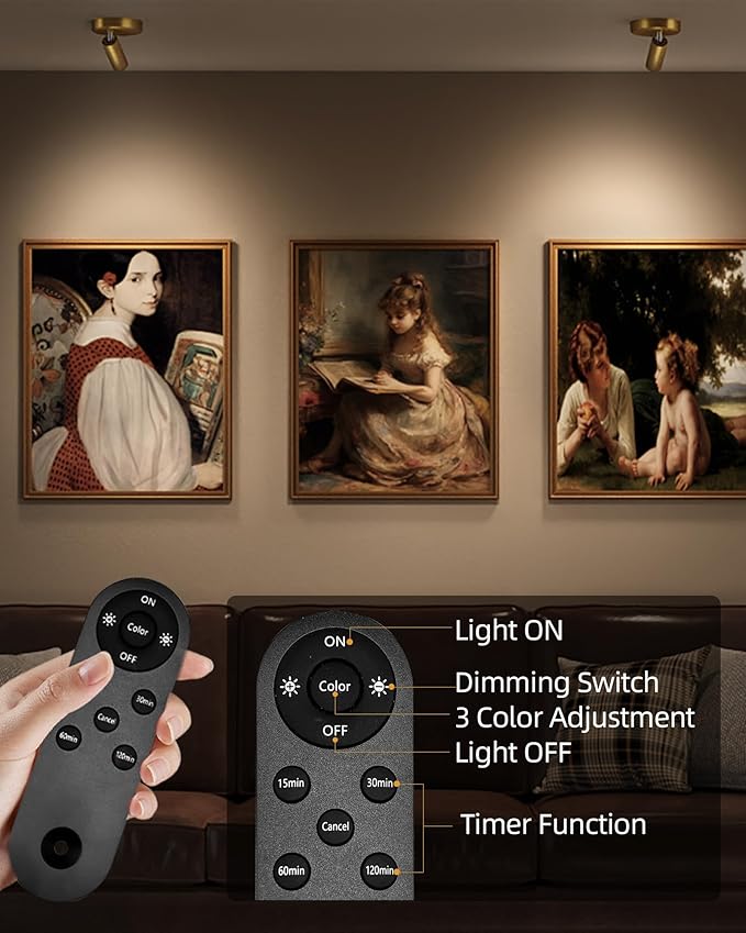 EZVALO LED Spotlight Indoor, 5500mAh Rechargeable Battery Uplighting Indoor, Wireless Mini Art Accent Spot Lights with Remote, for Plants Display Painting Dartboard Artwork Portrait Closet(2Pack-Gold) - Aura Lighting