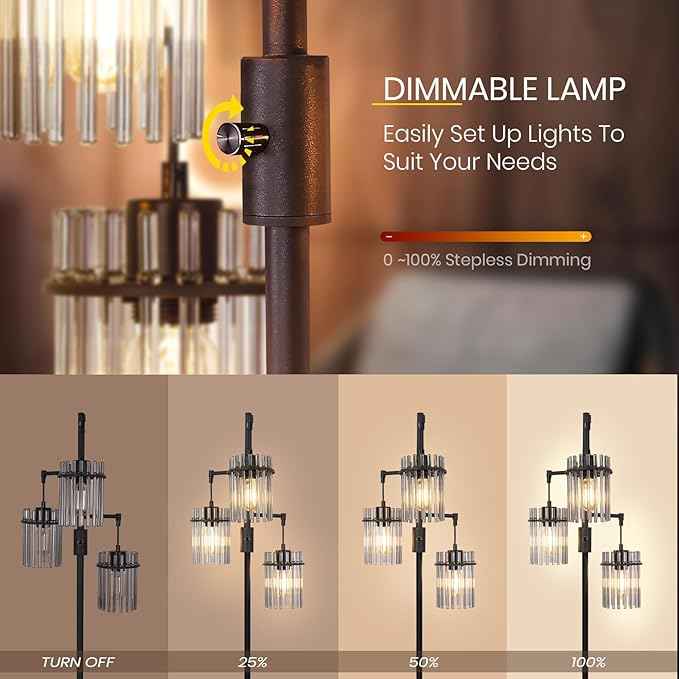 Industrial Floor Lamps for Living Room, Dimmable Floor Lamp Modern Standing Lamps with Glass Lampshade, Rotary Switch, LED Bulbs, Tall Lamps for Bedroom, Office (3 Lampshades(66inch))