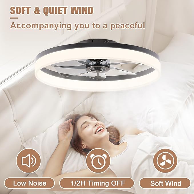 VOLISUN Low Profile Ceiling Fans with Lights and Remote, 23.6in Flush Mount Ceiling Fans with Light, 3000K-6500K Dimmable Fandelier LED Fan Light, Bladeless Ceiling Fan with Lights for Bedroom(Black) - Aura Lighting