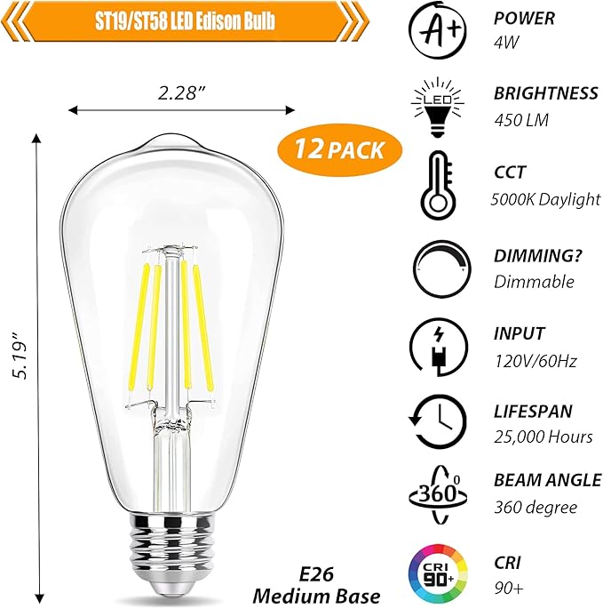 12 Pack Dimmable LED Edison Bulb 40W Equivalent, 5000K Daylight 4W LED Bulbs, E26 Base Vintage Light Bulb, Decorative ST19 Light Bulbs for Ceiling Light Fixtures