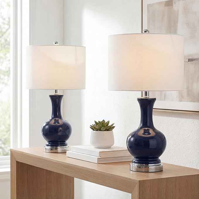 JONATHAN Y 21.5" Navy/Chrome Modern Glass Table Lamp Set of 2, Brass Gold Bedside Lamp with White Linen Shade for Bedroom Living Room, LED Bulbs Included (JYL4033C-SET2)