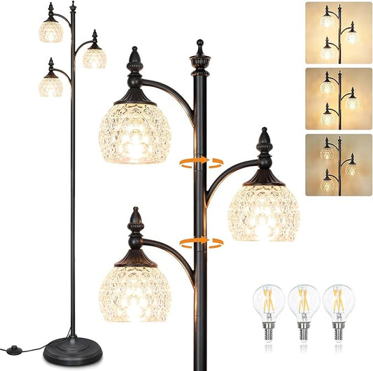JUNNAI Glass Floor Lamp 66.5in Black Standing Lamps for Living Room with 3 Brightness Lights Vintage Retro Corner Lamp for Bedroom Office(3LED Bulbs Included)