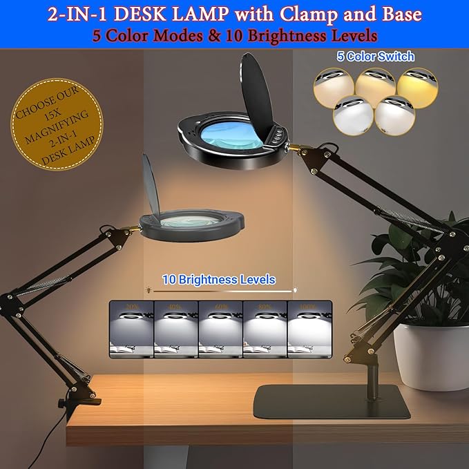 15X Magnifying Glass Desk Lamp with Clamp and Base, Real Glass Lens, 84 LEDs, 5 Color Modes Dimmable, Led Lamp Magnifier with Dust Cover, Clean Cloth, Ideal Gift for Seniors, Crafters, Hobbyists - Aura Lighting