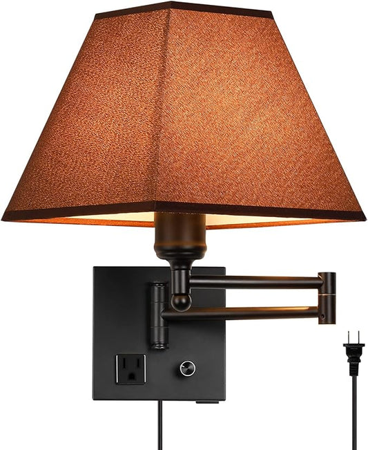 Swing Arm Wall Lamp.Plug in Wall Sconces with USB Port and AC Outlet.Sconces Wall Lighting Coffee Fabric Shade with Dimmable Switch for Hallway Bedroom Living Room.Black Finish.