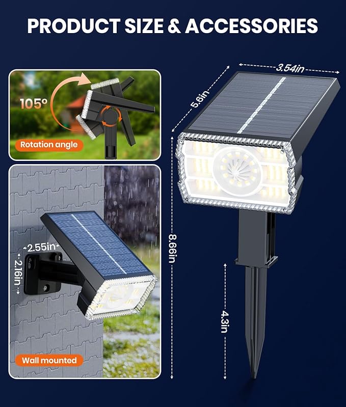 12 Pack Solar Spotlights Outdoor Waterproof IP67,Adjustable Wall&Ground Solar Lights Powered with 3 Colors, 3 Modes, Dusk to Dawn for Pathway/Garden/Yard/Patio/Driveway/Landscape Lighting Outside - Aura Lighting