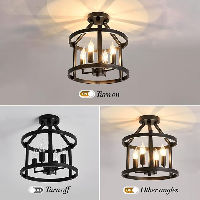 UOFUS Metal Semi Flush Mount Ceiling Light Fixture 4 Candle Holder Matte Chandelier Farmhouse Ceiling Lamp for Dining Room Bedroom Kitchen Hallway Entryway（Black） - Aura Lighting