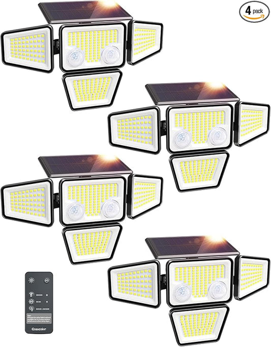 Ensenior Solar Lights Outdoor, Motion Sensor Outdoor Light with Remote Control, IP65 Waterproof 279 LED 4 Heads Solar Security Light with 4 Mode, 270° Wide Angle Solar Flood Light for Outside, 4 Packs