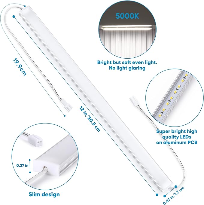 Litever Under Cabinet Lights Plug in, 6 pcs 12 Inches LED Light Strip Bars. Super Bright Dimmable Linkable for Kitchen Counter Above Cabinets Shelf Workbench Desk Closet Lighting. Daylight 5000K - Aura Lighting