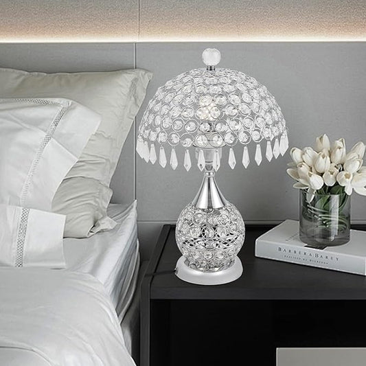 Crystal Table Lamp Light with Crystal Shade, Dimmable LED Desk Lamp with Plug in Cord Luxury Nightstand Lamps Bedside Light Silver for Bedroom Living Room - Aura Lighting