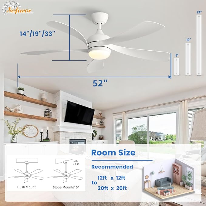 Sofucor 52" Smart Ceiling Fan, Indoor/Outdoor White Ceiling Fans with Lights and Remote, Works with Alexa/Google/App, 3-Color Light 6-Speed Timing Reversible DC Motor for Bedroom Living Room Patio