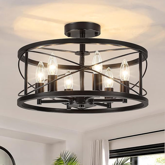 6-Light Black Semi Flush Mount Ceiling Light, 16.54'' Modern Farmhouse Close to Ceiling Light Fixtures, Ceiling Lamp for Hallway Entryway Kitchen Dining Room Living Room Bedroom Lights, UL Listed - Aura Lighting