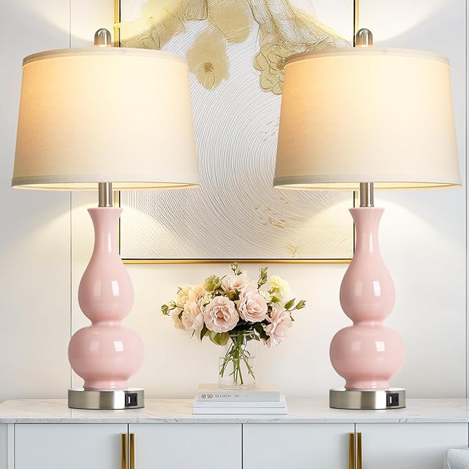 27" Pink Double Gourd Ceramic Lamps for Bedroom, Modern Ceramic Living Room Lamp with USB A+C Ports, Cute Bedside Table Lamps Set of 2, Tall Lamp for Night Stand Side End Table Home Decor
