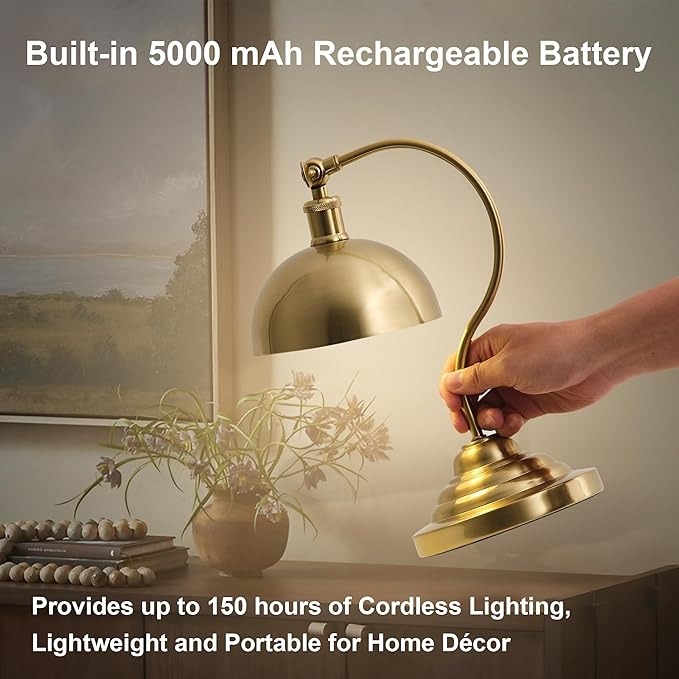 Cordless LED Table Lamp, 180° Swing Arm Desk Lamp, Rechargeable, Dimmable/3 Color/Memory Function, Vintage Rechargeable Table Light for Living Room,Bedroom,Bedside, Brass - Aura Lighting
