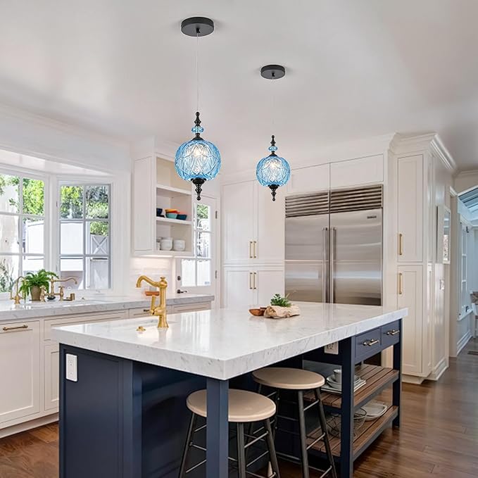 Vintage Blue and Black Glass Pendant Lights Kitchen Island Light Modern Bedroom Pendant Lighting Fixtures Hanging Lamp for Kitchen Island Bedroom Dining Room Coffee Shop Hallway
