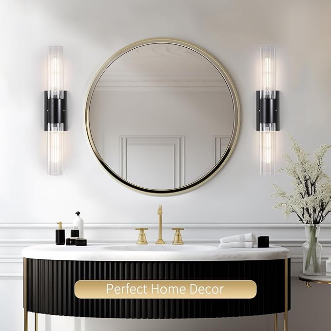 21" Bathroom Vanity Sconces Set of 2, Black Hardwired Wall Sconces Set of Two with Threaded Glass Shade, Modern Up Down Wall Decor Set of 2 for Bathroom Living Room Bedroom Hallway-Bulb Not Included ﻿ - Aura Lighting