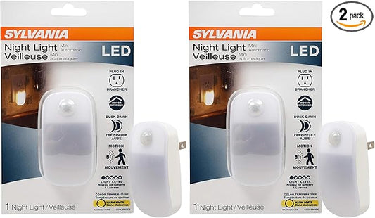 LEDVANCE Sylvania LED Mini Automatic Plug-in Night Light with Sensor, Motion Activated, Dusk to Dawn, Warm White, Plug-in Type - 2 Pack (64988)