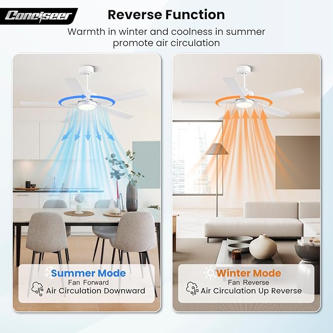 Modern Ceiling Fans with Lights,52 Inch Ceiling Fans with Remote for Bedroom Living Room Kitchen, 18W 3CCT Dimmable，5 Blades 6 Speed Reversible Quiet DC Motor White