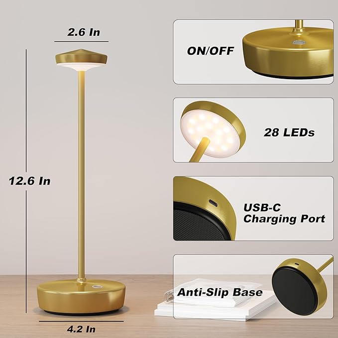 1 Pack Cordless Table Lamp Rechargeable - LED Battery Table Light with 3 Color Temperatures, Stepless Dimming, Waterproof Aluminum for Indoor Outdoor, Patio, Restaurant, Dinner (Brushed Gold)