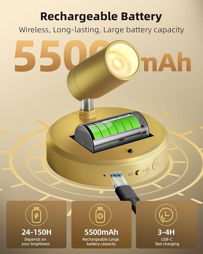 EZVALO LED Spotlight Indoor, 5500mAh Rechargeable Battery Picture Lights, Wireless Mini Art Accent Spot Lights with Remote, Uplighting Indoor for Plants Display Painting Artwork Portrait (1Pack-Gold) - Aura Lighting