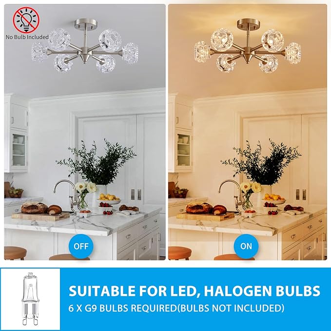 XINGQI Modern Sputnik Chandelier 6-Light Semi Flush Mount Ceiling Light Fixture Brushed Nickel Ceiling Lighting for Bedroom Entryway Dining Room Living Room Kitchen - Aura Lighting