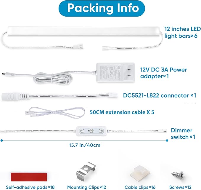Litever Under Cabinet Lighting Kit Plug in, 6 pcs 12 Inches LED Light Bars. Super Bright Dimmable Linkable for Kitchen Undercabinet Counter Top Shelf Pantry Closet Display Lighting. Warm White 3000K - Aura Lighting