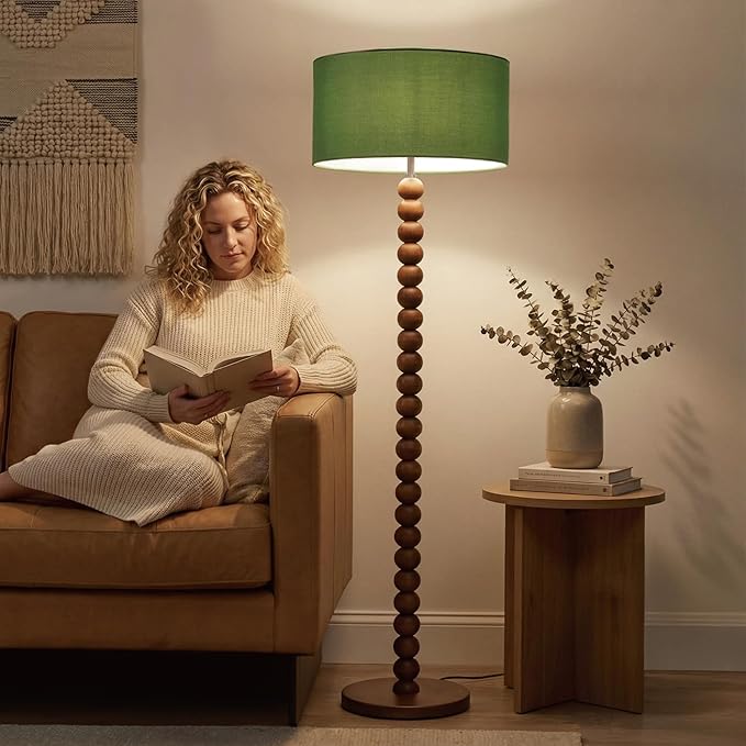 Buruis 61" Beaded Wood Floor Lamp with 17.2" Large Linen Shade, UL Listed, Retro Mid-Century Accent Walnut Finish Standing Lamp for Living Room, Bedroom, Office, Corner, Bulb Not Included, Green