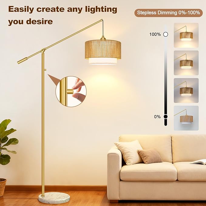 【Upgraded】Arc Floor Lamp for Living Room, Boho Dimmable Swing Arm Floor Lamp with Rattan & Fabric Shades, Gold Rattan Standing Lamp with Marble Base, Farmhouse Adjustable Tall Lamp for Bedroom Office