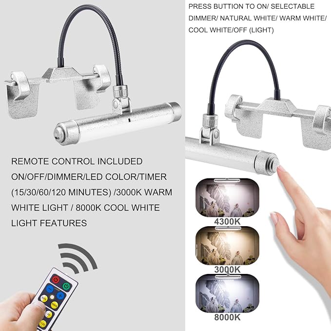 Wireless Picture Light, Painting Lights Cordless, Dartboard Light with Remote, Picture Frame Light with 3 Modes 28 LEDs Rotate Head, 360° Flexible Neck, Clip on Display for Art-Silver