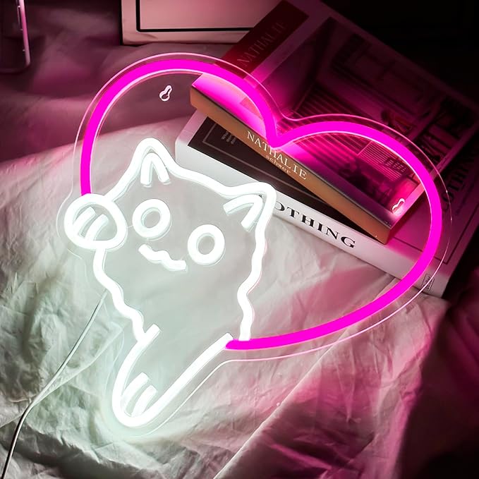 Cat Neon Sign Cute Pink Heart Cat LED Lights, Dimmable Animal Neon Sign for Wall Decor, Cat Lover Gift, Bedroom Wall Art, Living Room, Game Room, Pet Shop, Kawaii Home Accent(12.91 × 13.11 in)