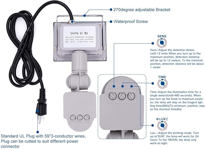 Z Motion Sensor Flood Lights Outdoor,10W Induction LED Lamp, IP65 Waterproof Spotlight,6500K LED Sensor Light,Security Light with US 3-Plug (Daylight White Grey)