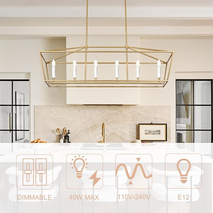 6-Light Gold Large Classic Chandelier Kitchen Island Lighting Over Table, Adjustable Height Pendant Light Fixture, E12 Bulb Base