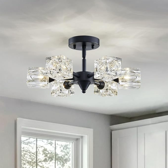 XINGQI Modern Sputnik Chandelier 6-Lights Black Ceiling Light Fixture Small Farmhouse Semi Flush Mount Ceiling Light Glass Industrial Lighting for Hallway Dining Room Living Room Kitchen Bedroom - Aura Lighting