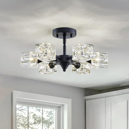 XINGQI Modern Sputnik Chandelier 6-Lights Black Ceiling Light Fixture Small Farmhouse Semi Flush Mount Ceiling Light Glass Industrial Lighting for Hallway Dining Room Living Room Kitchen Bedroom - Aura Lighting
