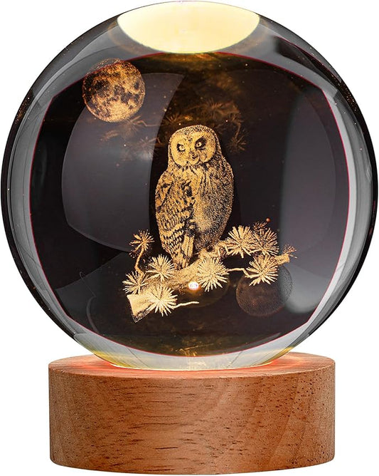 Large 3D Owl Crystal Ball Night Light, Figurines in Crystal Lamp 16 Color Changing with Remote Control for Bedroom Decor, for Teens Boys and Girls, Owl