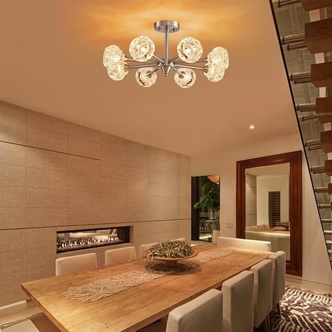 XINGQI Brushed Nickel Ceiling 8 Light Modern 24" Semi Flush Mount Sputnik Ceiling Light Fixture Industrial Chandelier Farmhouse Lighting for Hallway Dining Room Living Room Kitchen Bedroom - Aura Lighting